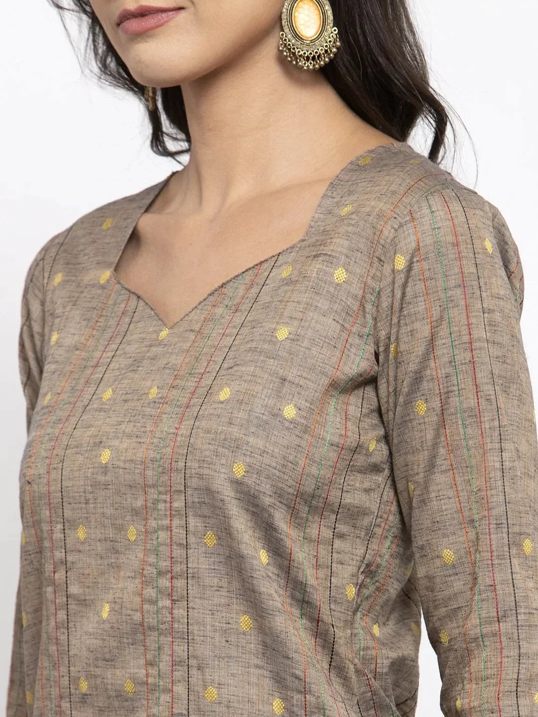 Women Grey Striped Kurta With Trousers & Mustard Printed Dupatta