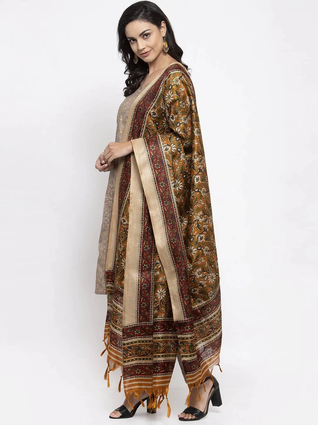 Women Grey Striped Kurta With Trousers & Mustard Printed Dupatta