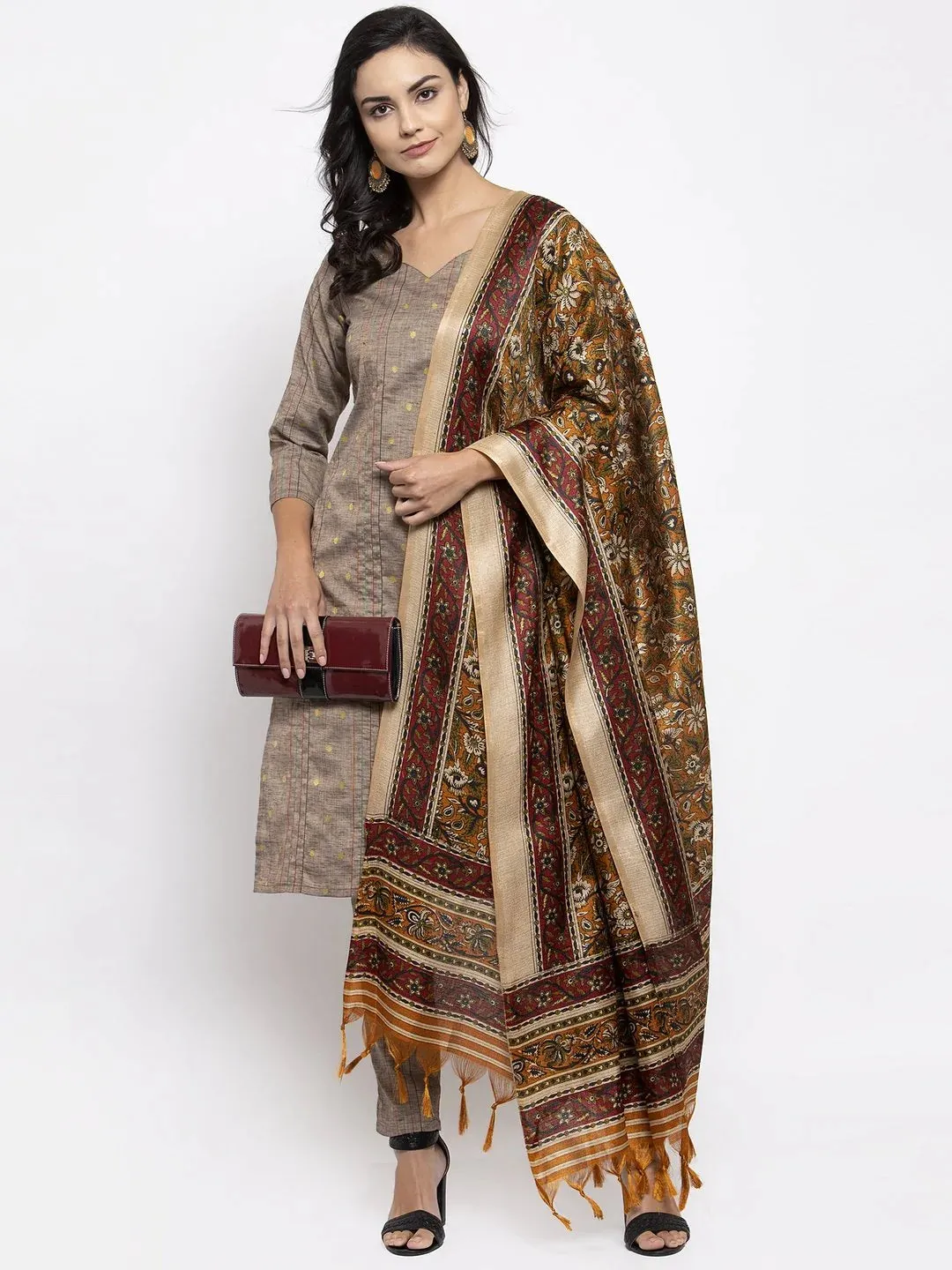 Women Grey Striped Kurta With Trousers & Mustard Printed Dupatta