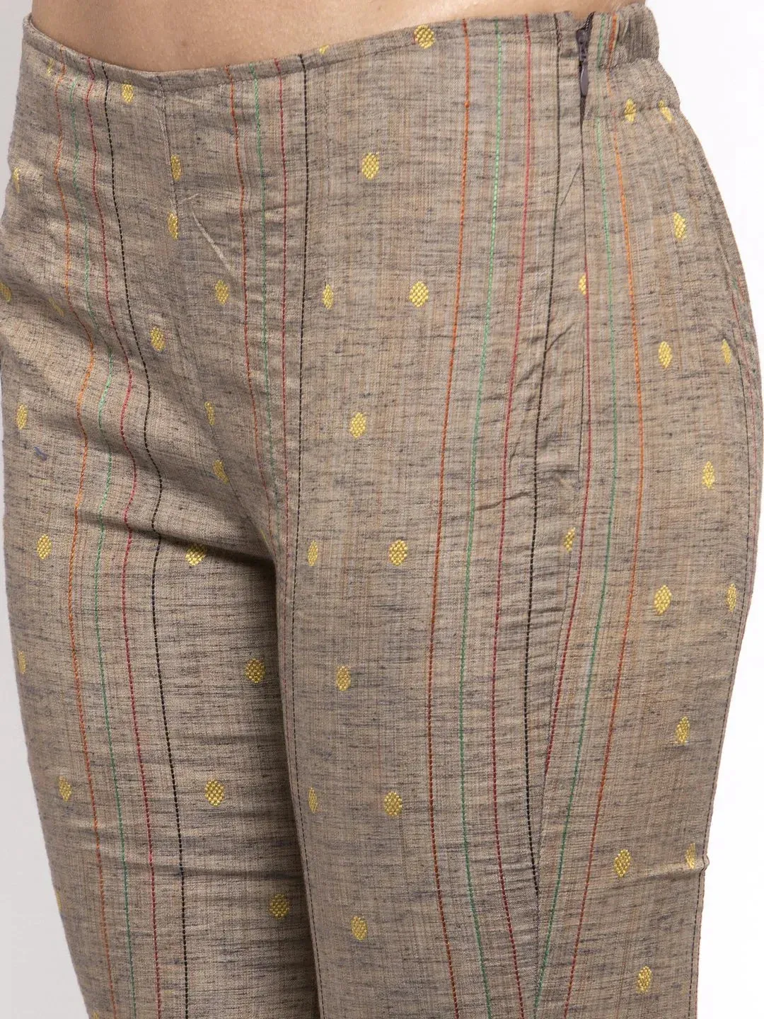 Women Grey Striped Kurta With Trousers & Mustard Printed Dupatta