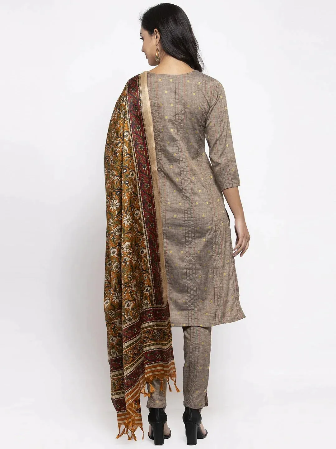 Women Grey Striped Kurta With Trousers & Mustard Printed Dupatta