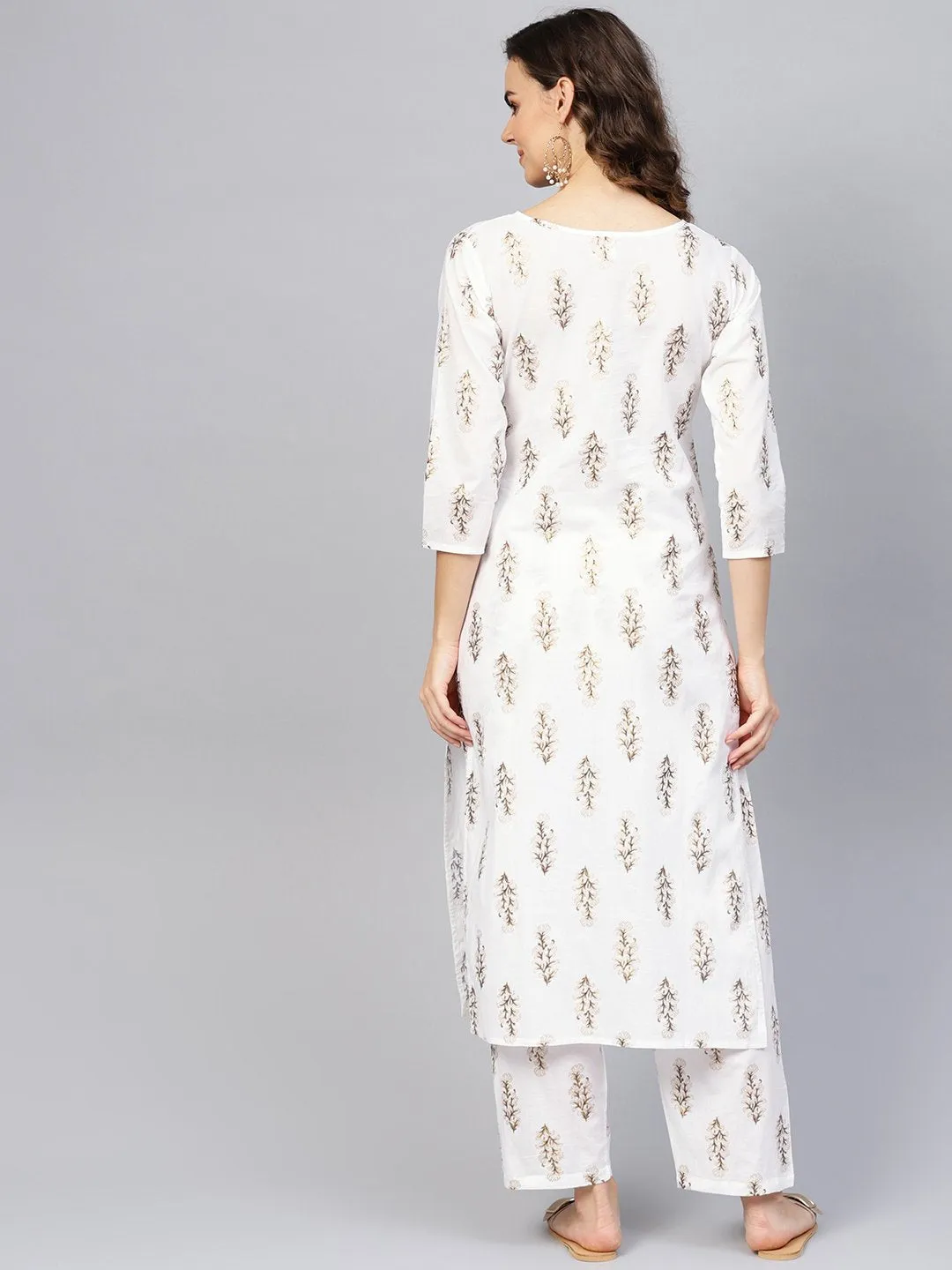 Women Off-White & Golden Printed Kurta With Trousers