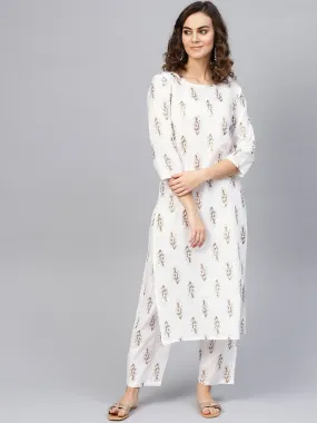 Women Off-White & Golden Printed Kurta With Trousers