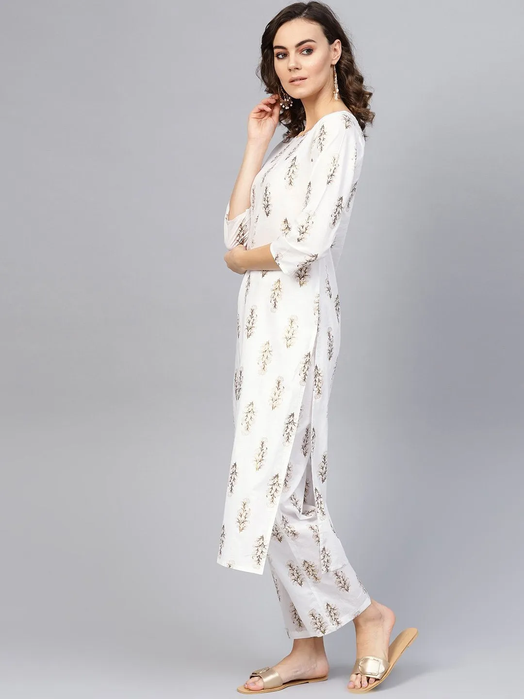 Women Off-White & Golden Printed Kurta With Trousers