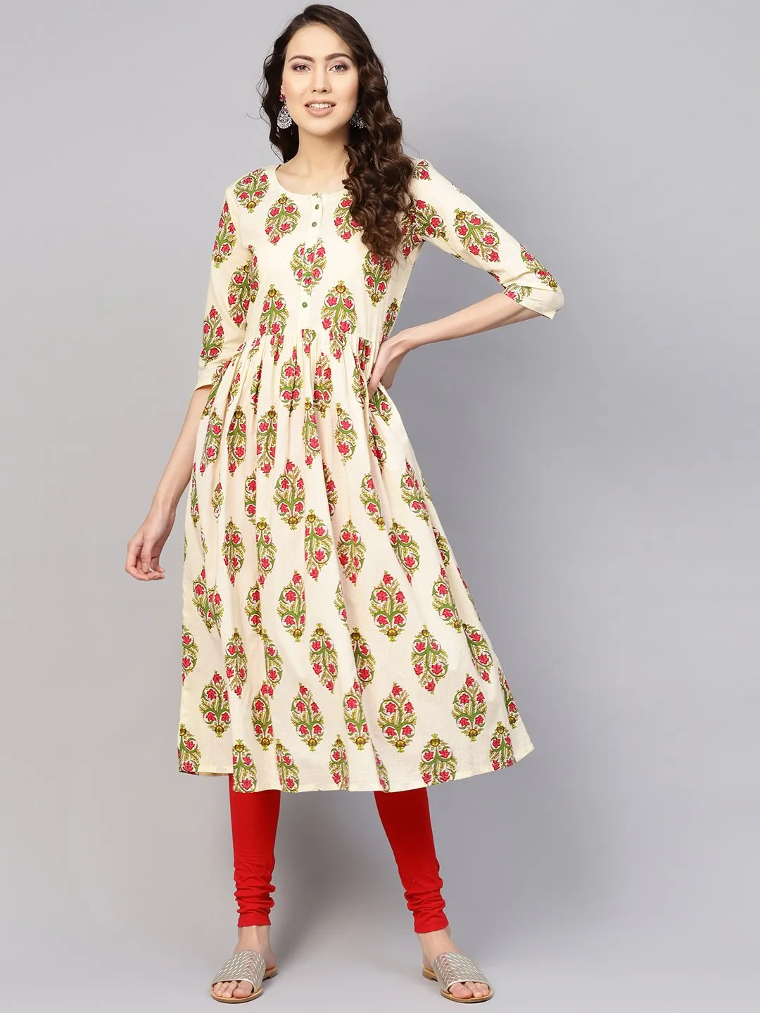 Women Off-White & Green Printed Midi Fit And Flare Dress