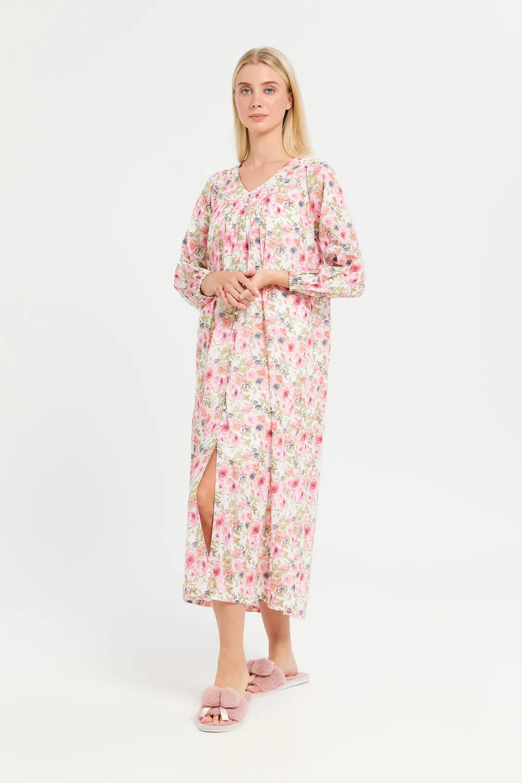 Women Pink Floral Front Button Nightgown