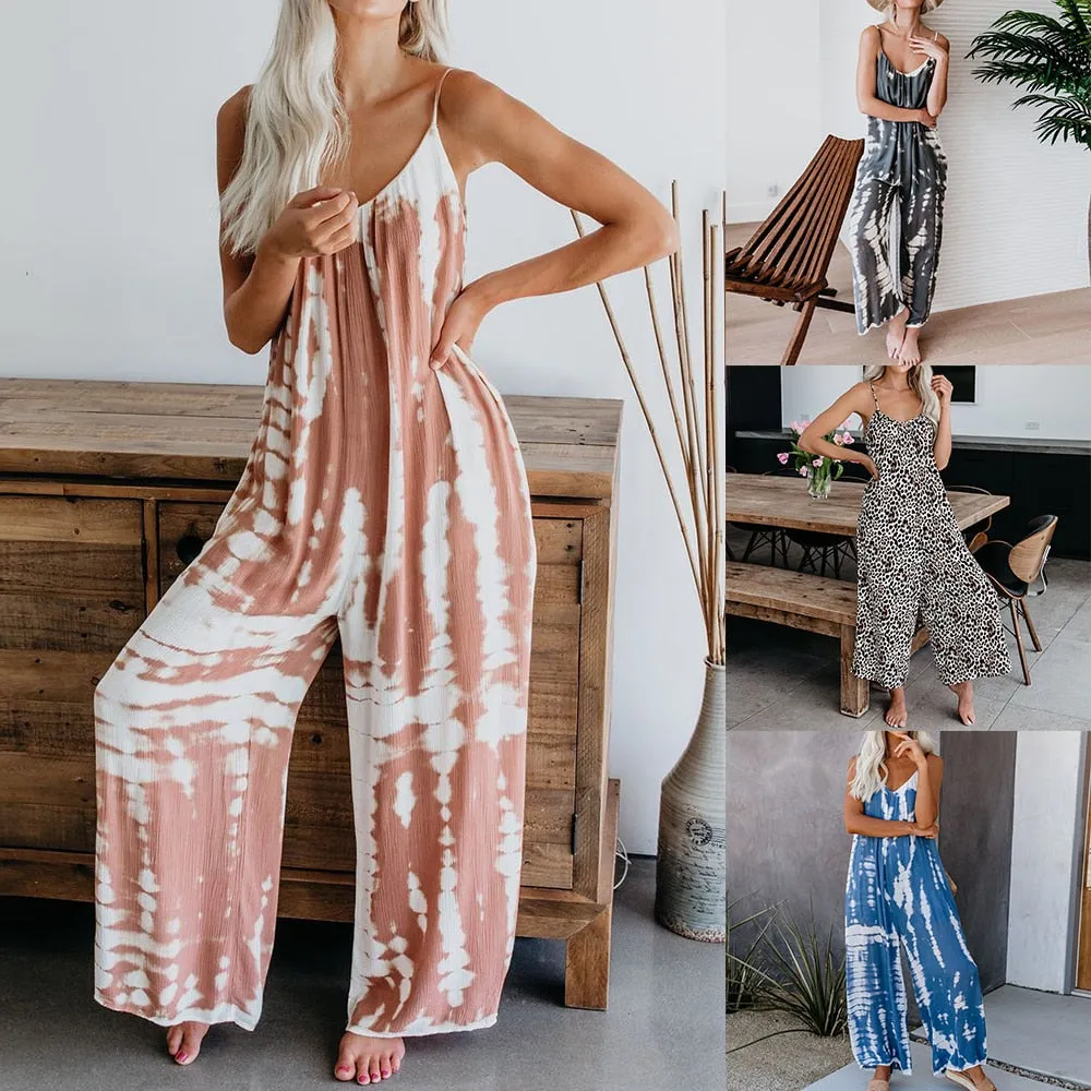 Women Sleeveless Tie-dye Beach Boho Casual Jumpsuit