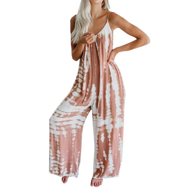 Women Sleeveless Tie-dye Beach Boho Casual Jumpsuit