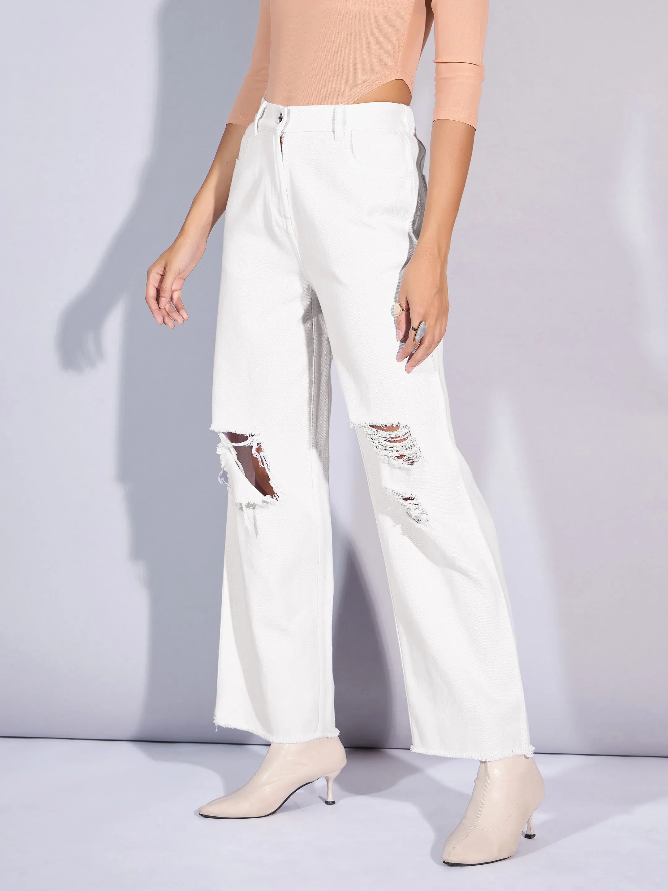 Women White Twill Distress Frayed Hem Jeans