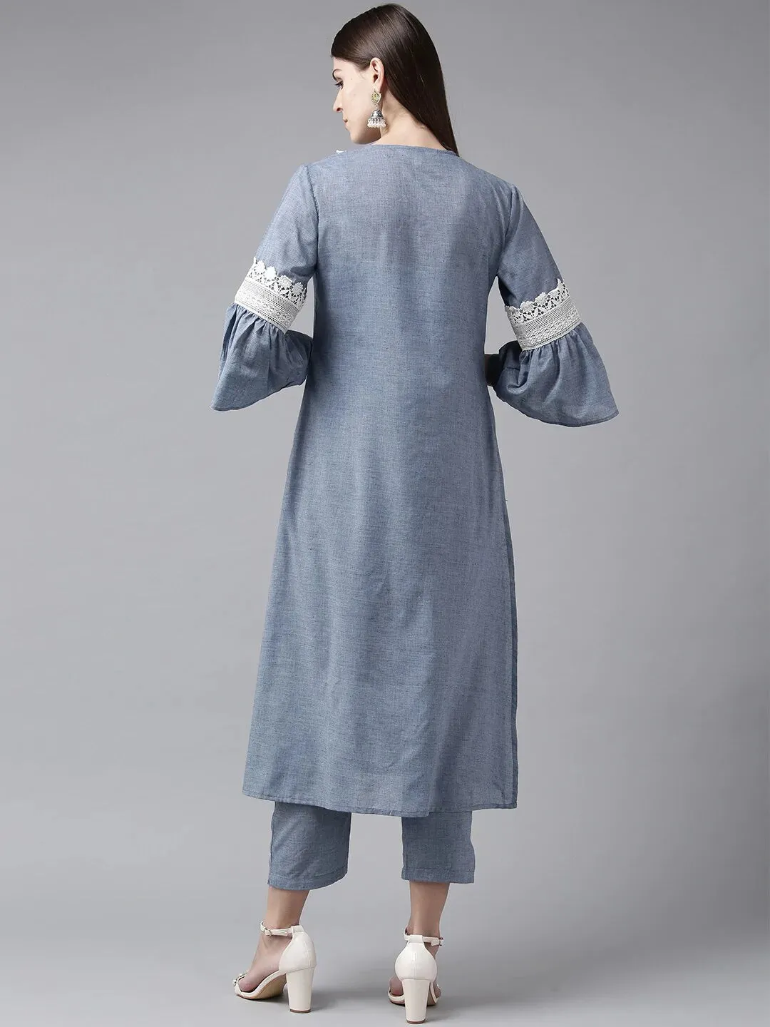 Women'S Blue Yoke Design Kurta With Trousers