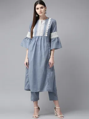 Women'S Blue Yoke Design Kurta With Trousers