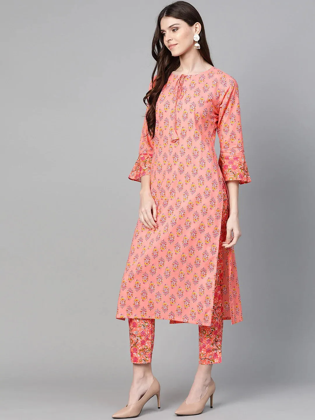 Women'S Pink & Green Floral Print Kurta With Trousers