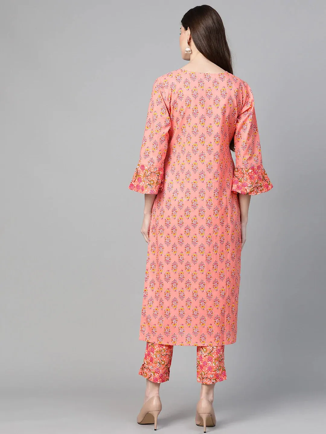 Women'S Pink & Green Floral Print Kurta With Trousers