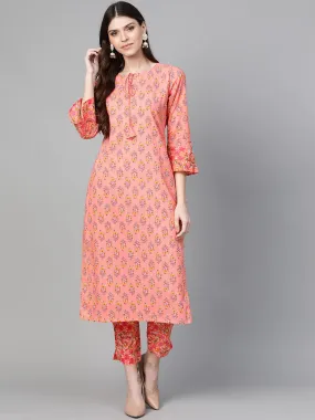 Women'S Pink & Green Floral Print Kurta With Trousers