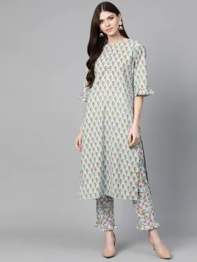 Women'S Sea Green & Pink Printed Kurta With Trousers