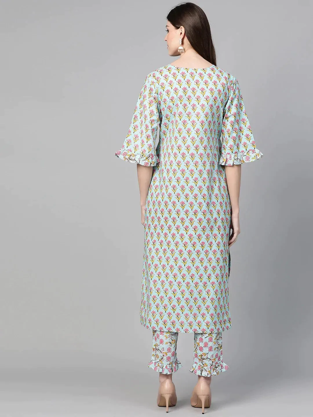 Women'S Sea Green & Pink Printed Kurta With Trousers