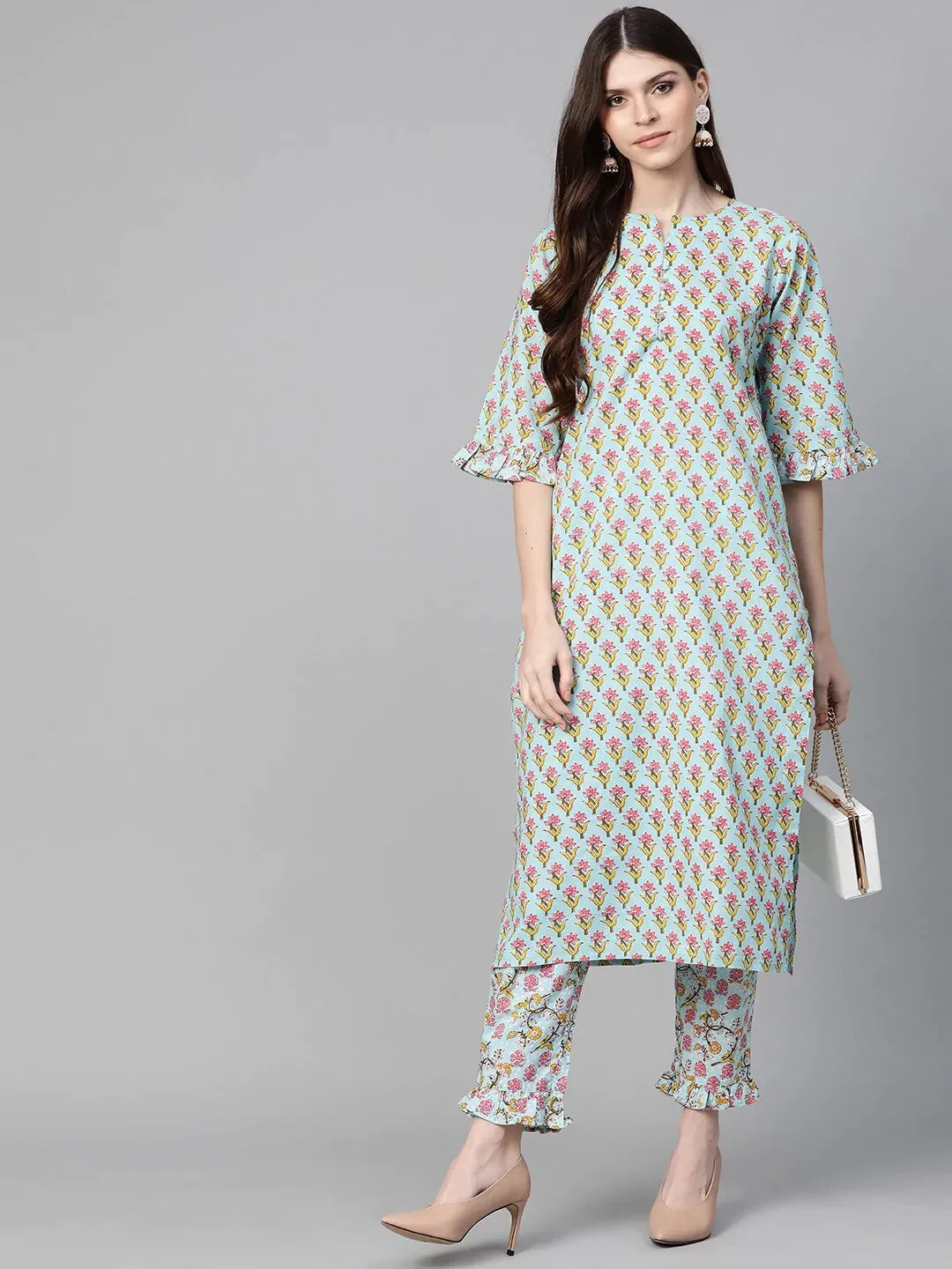 Women'S Sea Green & Pink Printed Kurta With Trousers