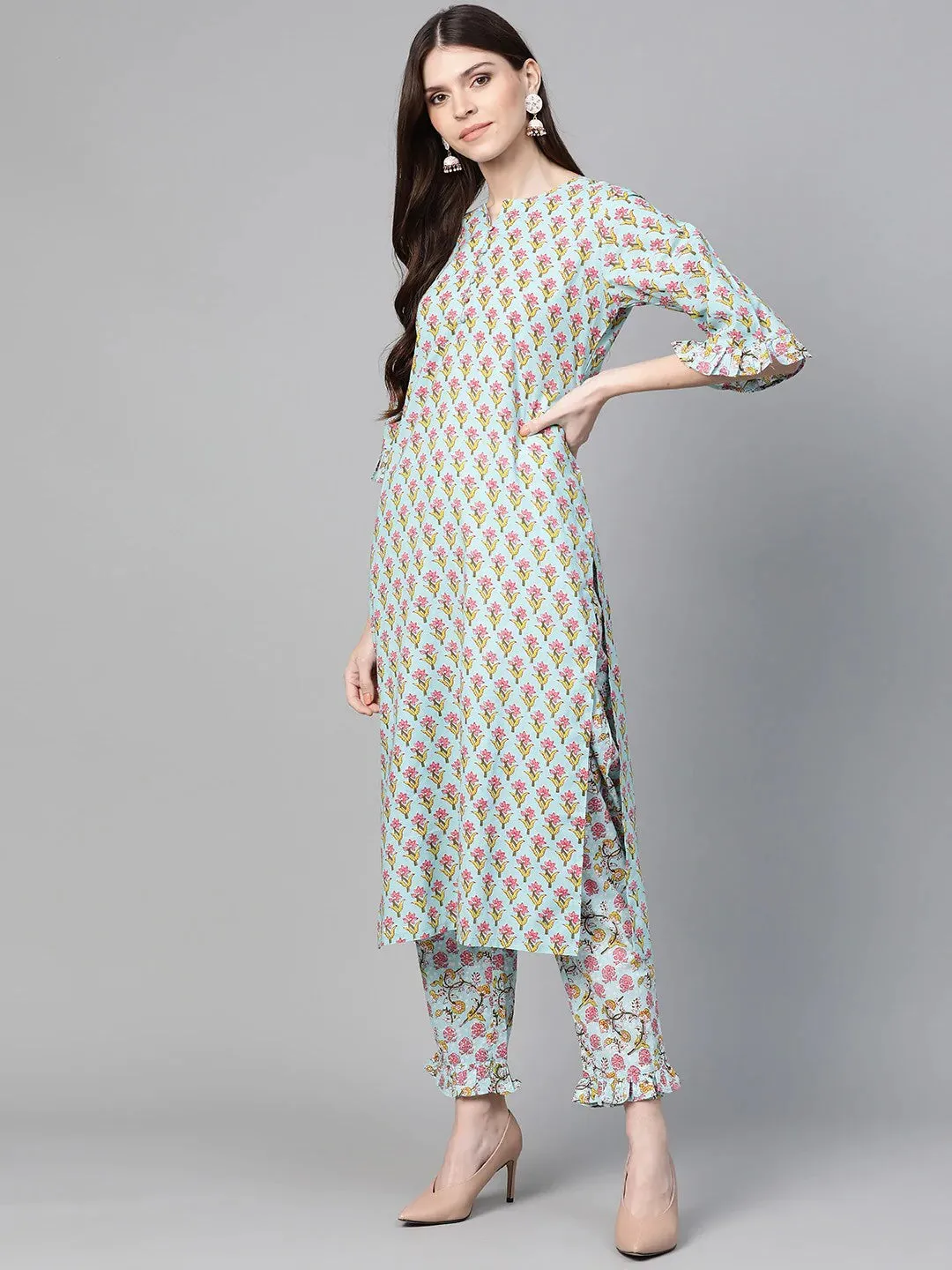 Women'S Sea Green & Pink Printed Kurta With Trousers