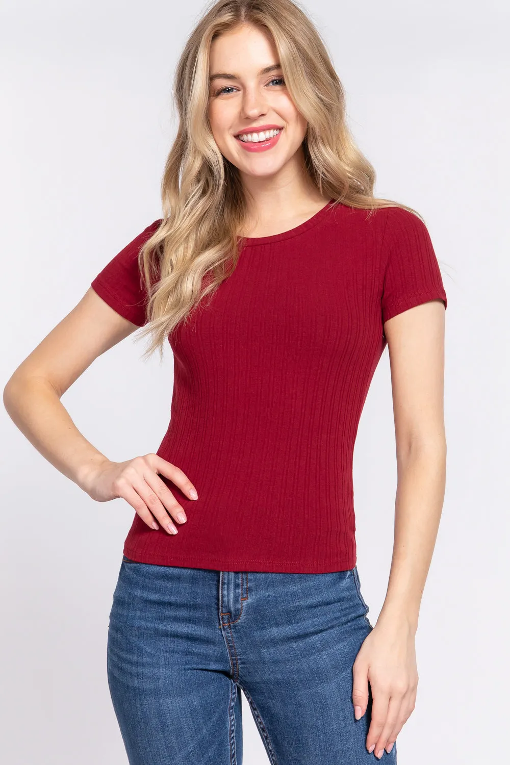 Women's Short Slv Crew Neck Variegated Rib Knit Top