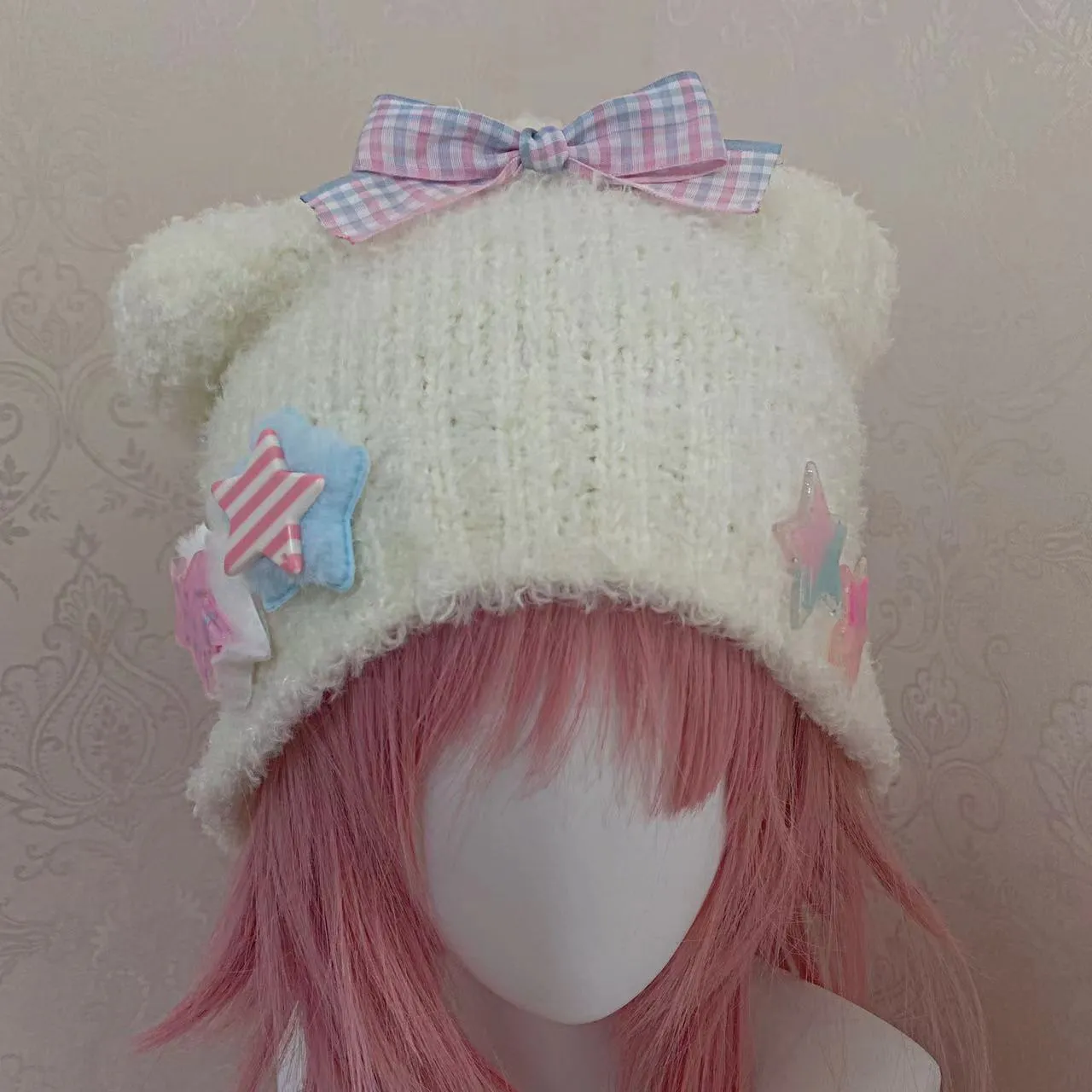 Y2K Lolita Handmade Knit Star Bow Bear Ears Cute Winter Hats Beanie