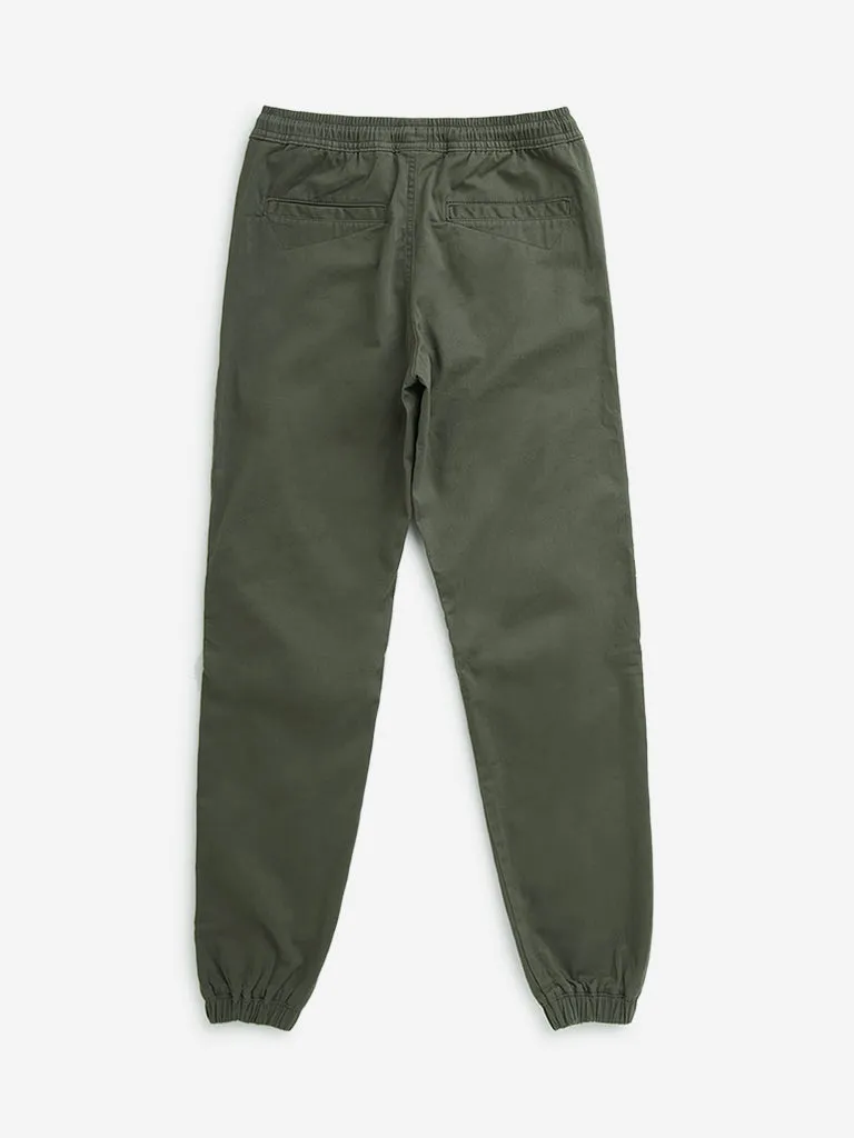 Y&F Kids Olive Solid Mid-Rise Cotton Blend Joggers